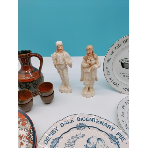 591 - Box of Mixed Pottery and Figures to include Denby Dale Pie Plates from 1928 (2) and 1988.