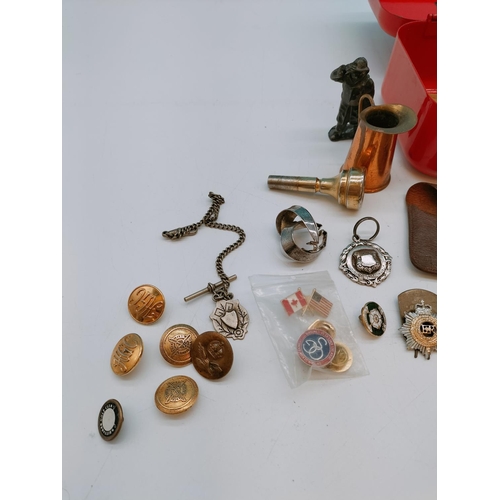 608 - Small Tin of Mixed Items to include Military Buttons, Lead Figure, Pin Badges, etc.