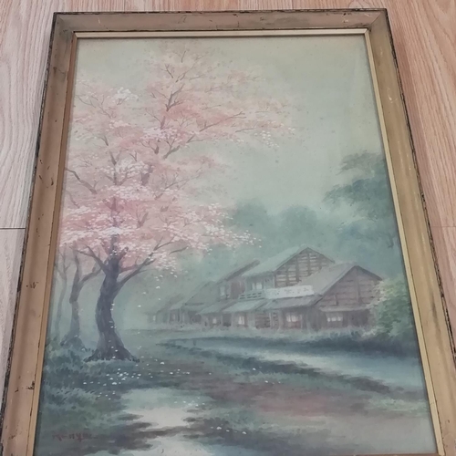 185 - Japanese Late 19th Century Watercolour of a House in a Wooded Landscape. 54cm x 38cm.