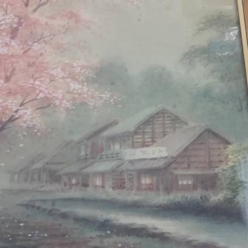 185 - Japanese Late 19th Century Watercolour of a House in a Wooded Landscape. 54cm x 38cm.