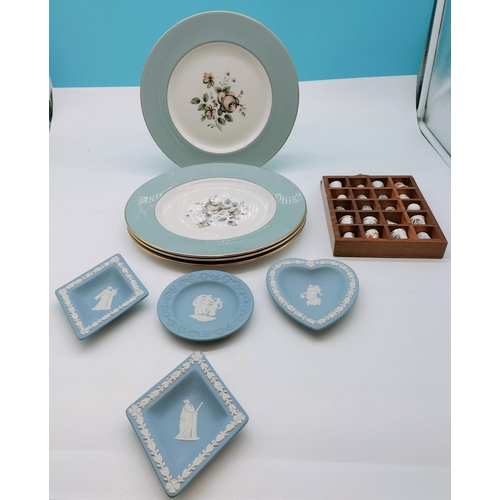 370 - Royal Doulton 'Rose Elegans' Dinner Plates (4), Wedgwood Jasper Pin Dishes (4) and Thimbles in Displ... 