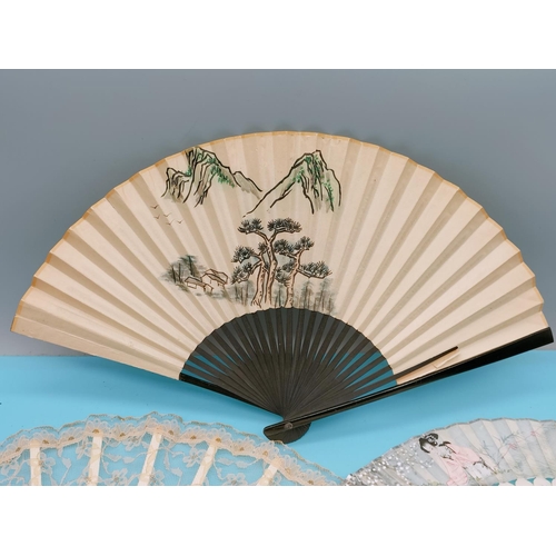 40 - Early 20th Century Chinese Lace and Paper Fans (4) some handpainted and one with bone frame