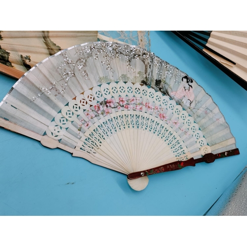 40 - Early 20th Century Chinese Lace and Paper Fans (4) some handpainted and one with bone frame