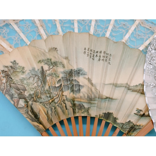 40 - Early 20th Century Chinese Lace and Paper Fans (4) some handpainted and one with bone frame