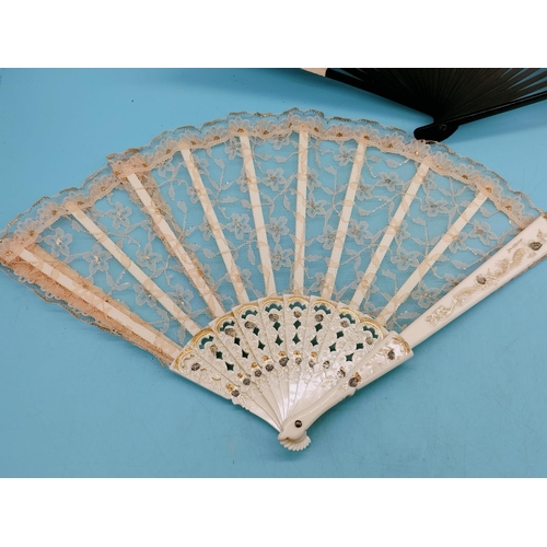 40 - Early 20th Century Chinese Lace and Paper Fans (4) some handpainted and one with bone frame