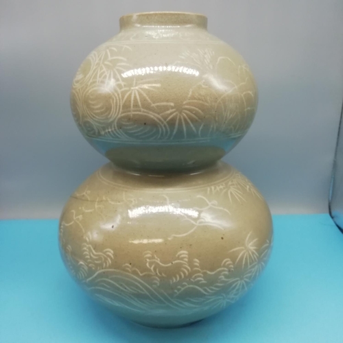 54 - 19th Century Korean Celadon Double Gourd Vase decorated with Floral Motif. 33cm Tall, 22cm Diameter.... 