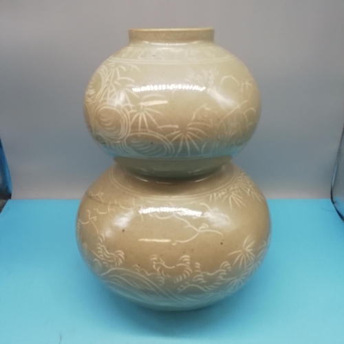 54 - 19th Century Korean Celadon Double Gourd Vase decorated with Floral Motif. 33cm Tall, 22cm Diameter.... 