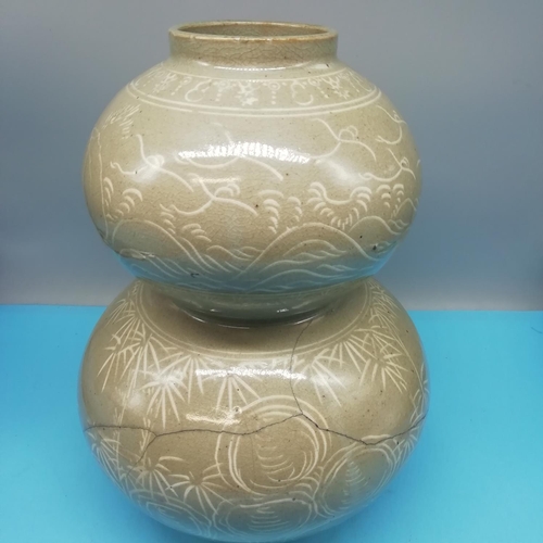 54 - 19th Century Korean Celadon Double Gourd Vase decorated with Floral Motif. 33cm Tall, 22cm Diameter.... 