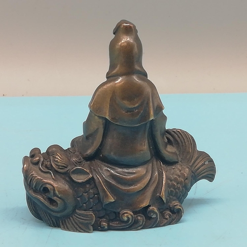 59 - Chinese Bronze Kwan-Yin Guan Yin Figure of Goddess Riding a Fish Dragon. 7cm x 7cm.