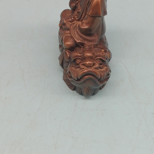 59 - Chinese Bronze Kwan-Yin Guan Yin Figure of Goddess Riding a Fish Dragon. 7cm x 7cm.