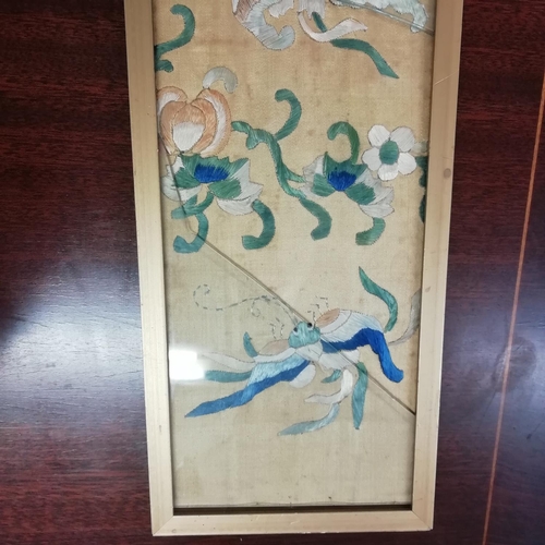 150 - Chinese Qing Dynasty Yellow Silk Embroidered Panel with Floral Decoration. 50cm x 13cm. Glass A/F.