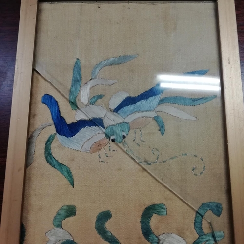 150 - Chinese Qing Dynasty Yellow Silk Embroidered Panel with Floral Decoration. 50cm x 13cm. Glass A/F.