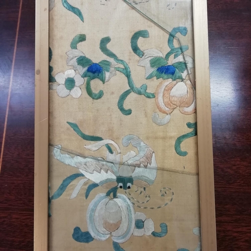 150 - Chinese Qing Dynasty Yellow Silk Embroidered Panel with Floral Decoration. 50cm x 13cm. Glass A/F.