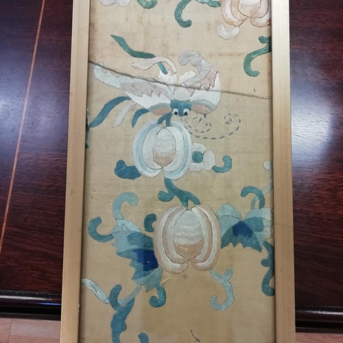 150 - Chinese Qing Dynasty Yellow Silk Embroidered Panel with Floral Decoration. 50cm x 13cm. Glass A/F.