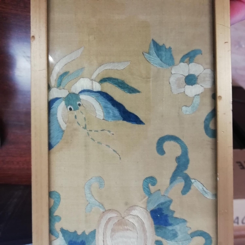 150 - Chinese Qing Dynasty Yellow Silk Embroidered Panel with Floral Decoration. 50cm x 13cm. Glass A/F.