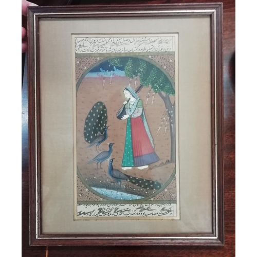 155 - 19th Century Indian Mughal Miniature Framed Hand Painted Watercolour  of a Young Girl with Peacocks.... 