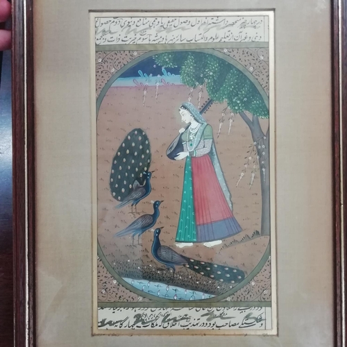 155 - 19th Century Indian Mughal Miniature Framed Hand Painted Watercolour  of a Young Girl with Peacocks.... 