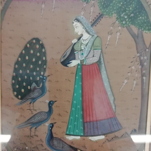 155 - 19th Century Indian Mughal Miniature Framed Hand Painted Watercolour  of a Young Girl with Peacocks.... 