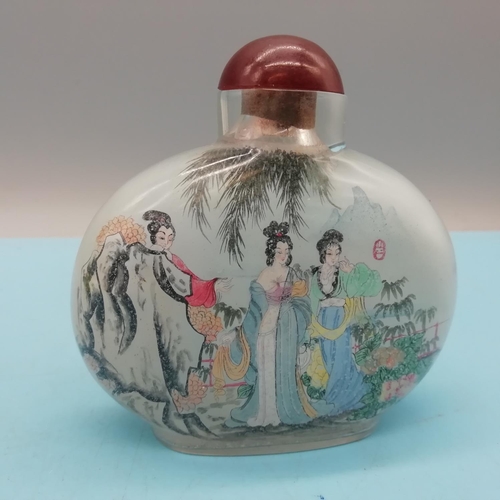 160G - Chinese 20th Century Inner Painted Large 9cm Snuff Bottle, Ladies in Garden Landscape. Signed.