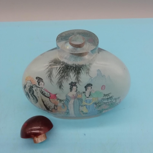 160G - Chinese 20th Century Inner Painted Large 9cm Snuff Bottle, Ladies in Garden Landscape. Signed.