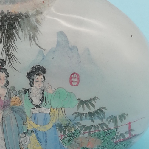 160G - Chinese 20th Century Inner Painted Large 9cm Snuff Bottle, Ladies in Garden Landscape. Signed.