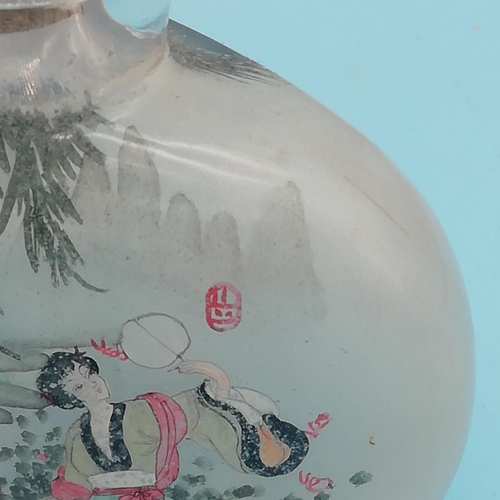 160G - Chinese 20th Century Inner Painted Large 9cm Snuff Bottle, Ladies in Garden Landscape. Signed.