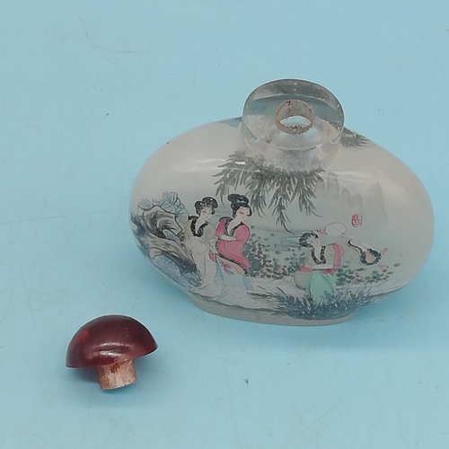 160G - Chinese 20th Century Inner Painted Large 9cm Snuff Bottle, Ladies in Garden Landscape. Signed.