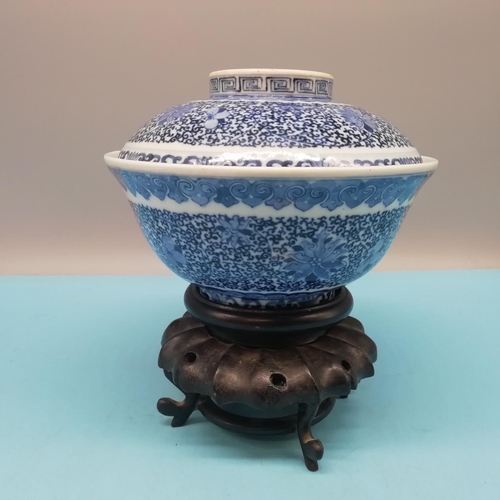 177 - Chinese Kangxi Period Lidded Bowl on Wooden Stand. (Stand Possibly Later Date). Both Lid and Bowl ha... 