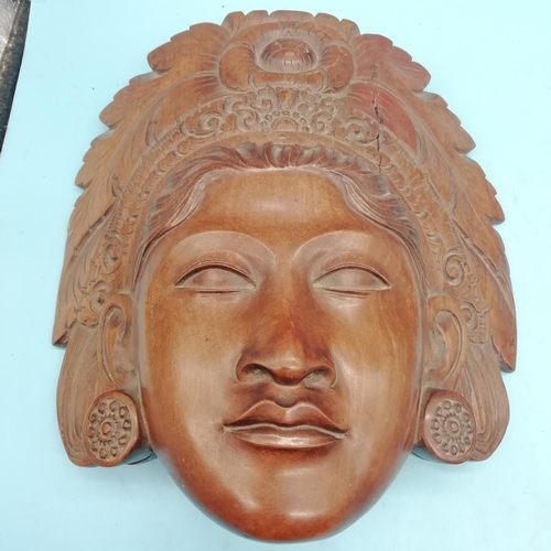 249 - Vintage Balinese Klungkung Carved Wooden Wall Face Masks. Slight A/F to Woman Mask. 28cm x 18cm.