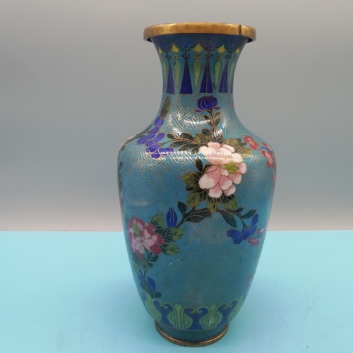 250 - Chinese Qing Dynasty Cloisionne 23cm Vase decorated with Prunus and Peony Blossom on Fret Background... 