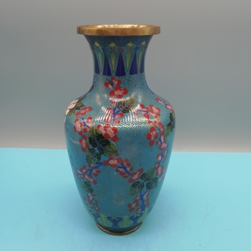 250 - Chinese Qing Dynasty Cloisionne 23cm Vase decorated with Prunus and Peony Blossom on Fret Background... 