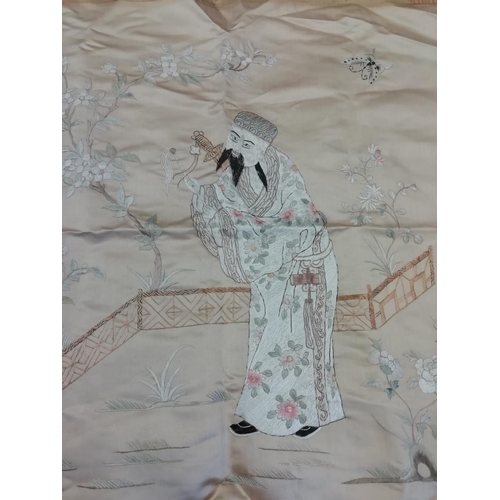 30 - Chinese Republic Silk Embroidered Panel of Gentleman in Garden Landscape. 55cm x 55cm.