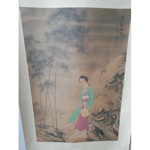 36 - Hand Painted Reproduction Chinese Scroll of a Young Lady in Bamboo Grove. 85cm Long.