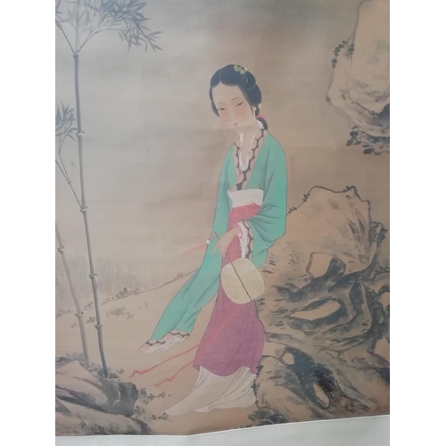 36 - Hand Painted Reproduction Chinese Scroll of a Young Lady in Bamboo Grove. 85cm Long.