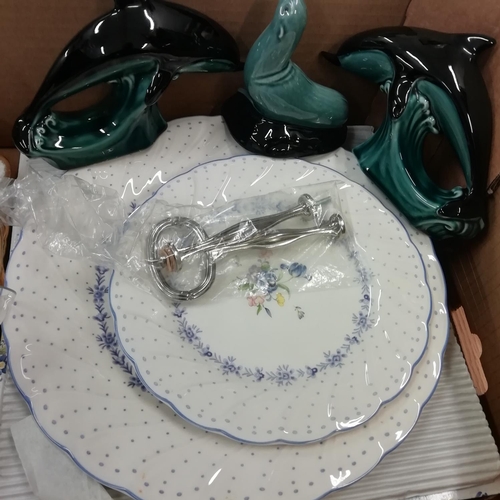 817 - Box of Ceramics and Glass to include Poole Animals, Crystal Glass, 2 Tier Cake Plate, etc.