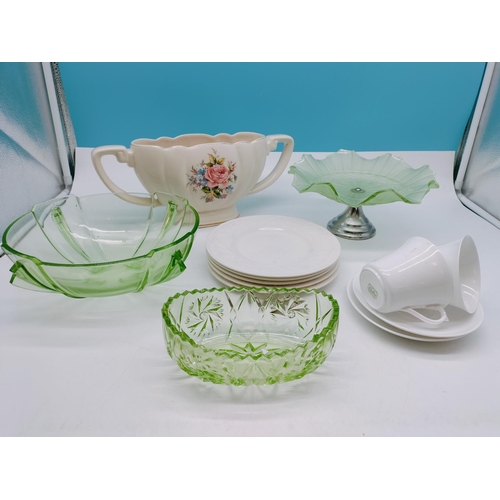 821 - Box of Mixed China and Glass to include Shelley, Green Glass Trifle Bowl, etc.