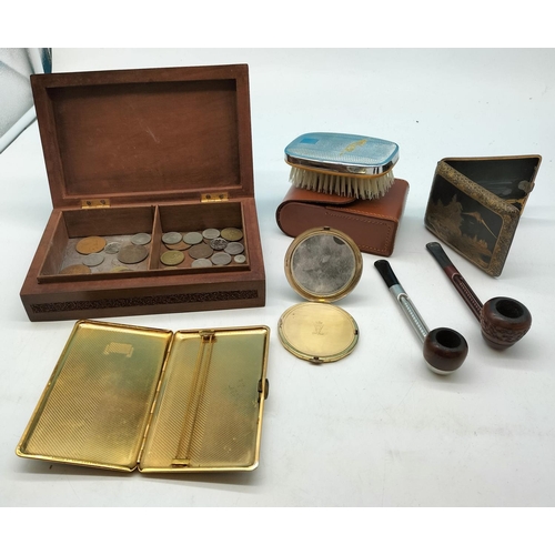 37 - Wooden box of Collectables to include Pipes, Coins, Cases, etc.