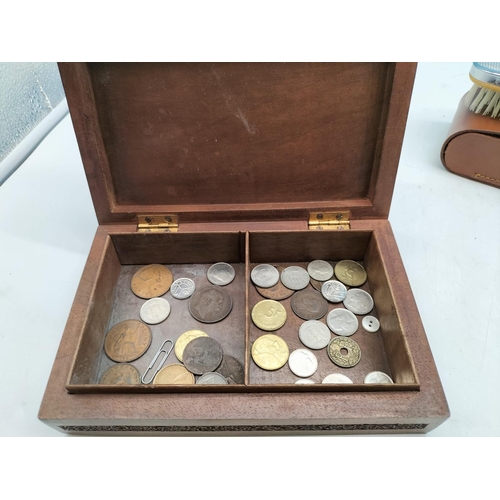 37 - Wooden box of Collectables to include Pipes, Coins, Cases, etc.