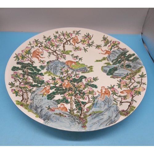 375 - Mid 20th Century Hand Painted 43cm Chinese Charger decorated with Monkeys in Fruit Trees.