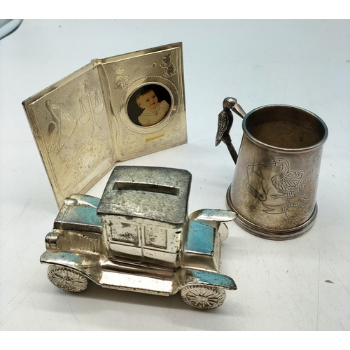 43 - Silver Plated 8cm Christening Tankard, Picture Frame plus Ford Model T Coupe Money Box with Stopper.... 