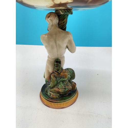 51A - c1863 Wedgwood Majolica Figure of Triton supporting a Scallop Shell Compote Dish on Raised Circular ... 