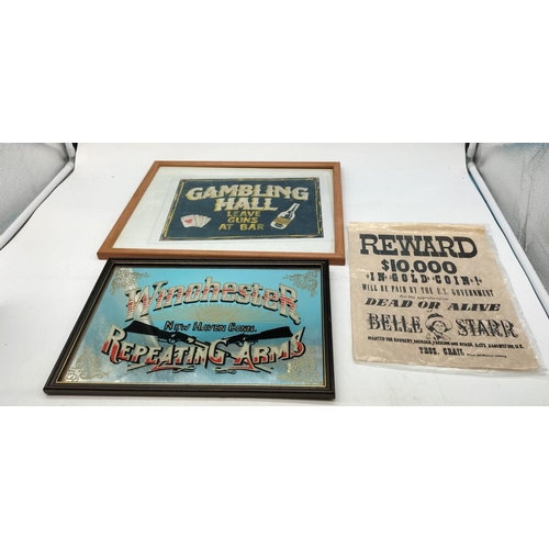 205 - Framed Gambling Hall Print, Winchester Rifle Advertising Mirror and a Reward Poster. Largest being 4... 