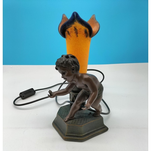 207 - Bronze Effect 29cm Boy Table Lamp with Orchid Shape Shade W/O.