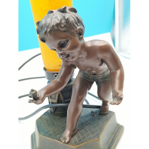 207 - Bronze Effect 29cm Boy Table Lamp with Orchid Shape Shade W/O.