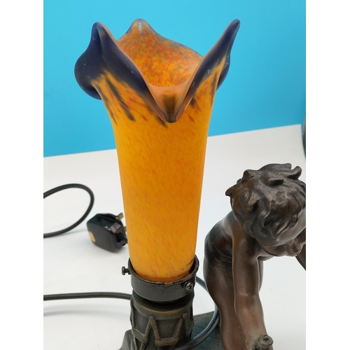 207 - Bronze Effect 29cm Boy Table Lamp with Orchid Shape Shade W/O.