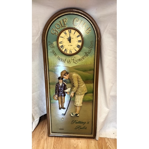 517 - Large Golf Related Wall Clock. 88cm x 38cm. Collection Only.