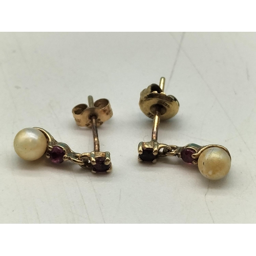 63 - 9ct Gold, Amethyst and Pearl Earrings.
