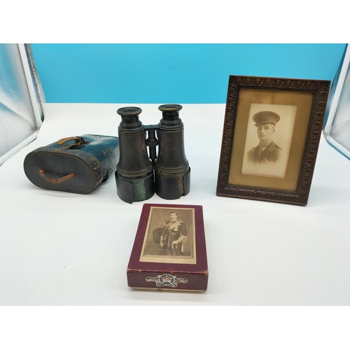67 - Oak Framed Photo of a Soldier, Boxed King George VI Coronation Pocket Bible plus Pair of Field Binoc... 
