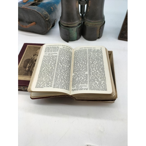 67 - Oak Framed Photo of a Soldier, Boxed King George VI Coronation Pocket Bible plus Pair of Field Binoc... 