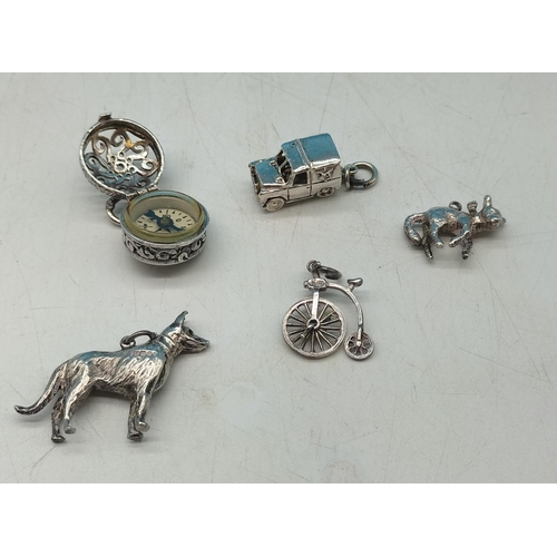 75 - Sterling Silver Charms (5) to include Compass, Land Rover, etc.